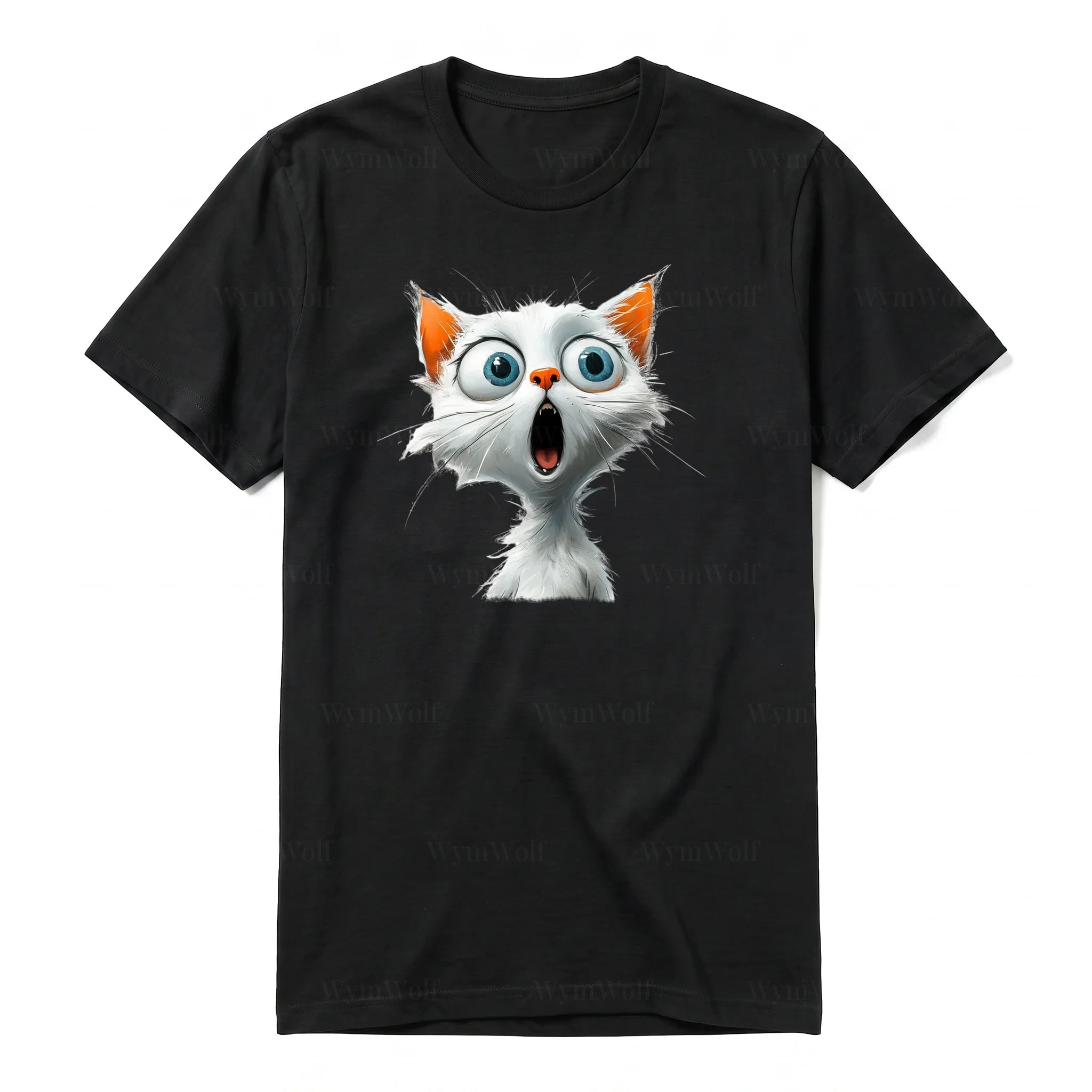 A black short-sleeve crewneck t-shirt for adult featuring a graphic of a cat on the front.