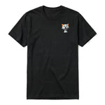 A black short-sleeve crewneck t-shirt for adult featuring a graphic of a cat on the left chest.