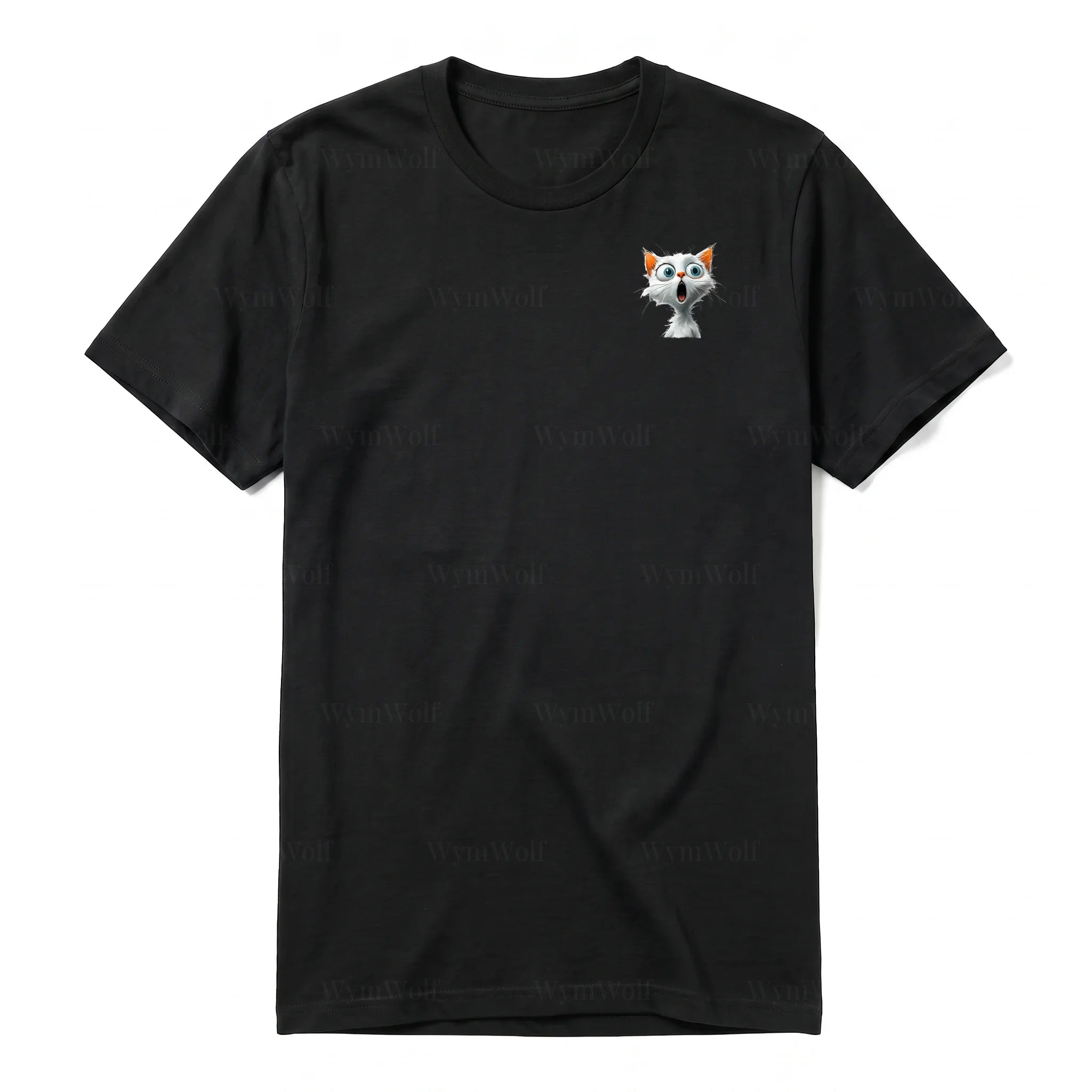 A black short-sleeve crewneck t-shirt for adult featuring a graphic of a cat on the left chest.