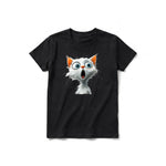 A black short-sleeve crewneck t-shirt for youth featuring a graphic of a cat on the front.