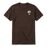 A chocolate short-sleeve crewneck t-shirt for adult featuring a graphic of a cat on the left chest.
