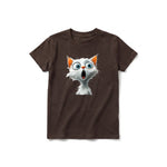A chocolate short-sleeve crewneck t-shirt for youth featuring a graphic of a cat on the front.