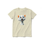 A latte short-sleeve crewneck t-shirt for youth featuring a graphic of a cat on the front.
