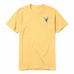 A mustard short-sleeve crewneck t-shirt for adult featuring a graphic of a cat on the left chest.