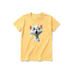 A mustard short-sleeve crewneck t-shirt for youth featuring a graphic of a cat on the front.