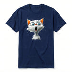 A navy short-sleeve crewneck t-shirt for adult featuring a graphic of a cat on the front.
