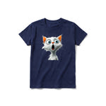 A navy short-sleeve crewneck t-shirt for youth featuring a graphic of a cat on the front.