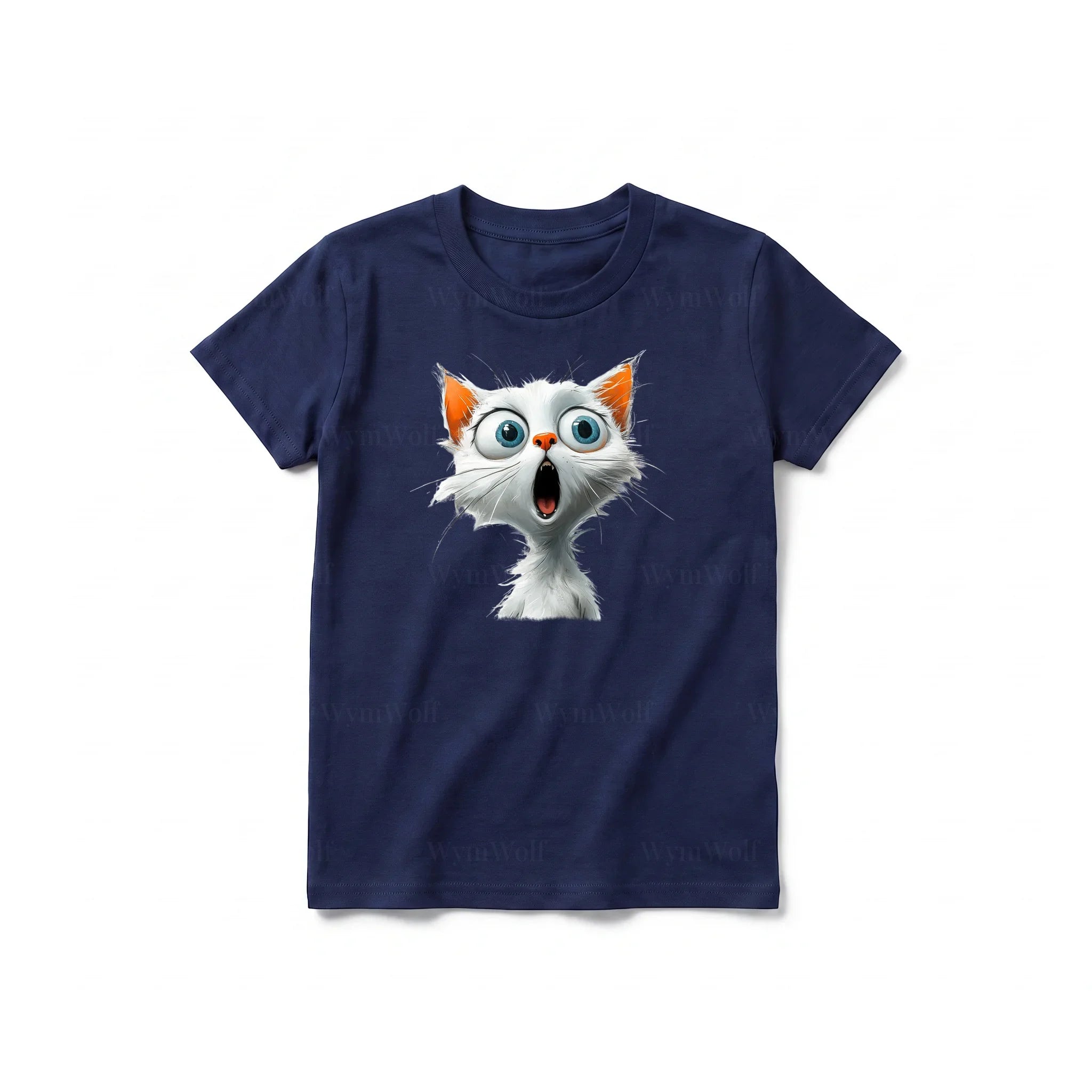 A navy short-sleeve crewneck t-shirt for youth featuring a graphic of a cat on the front.