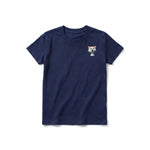A navy short-sleeve crewneck t-shirt for youth featuring a graphic of a cat on the left chest.