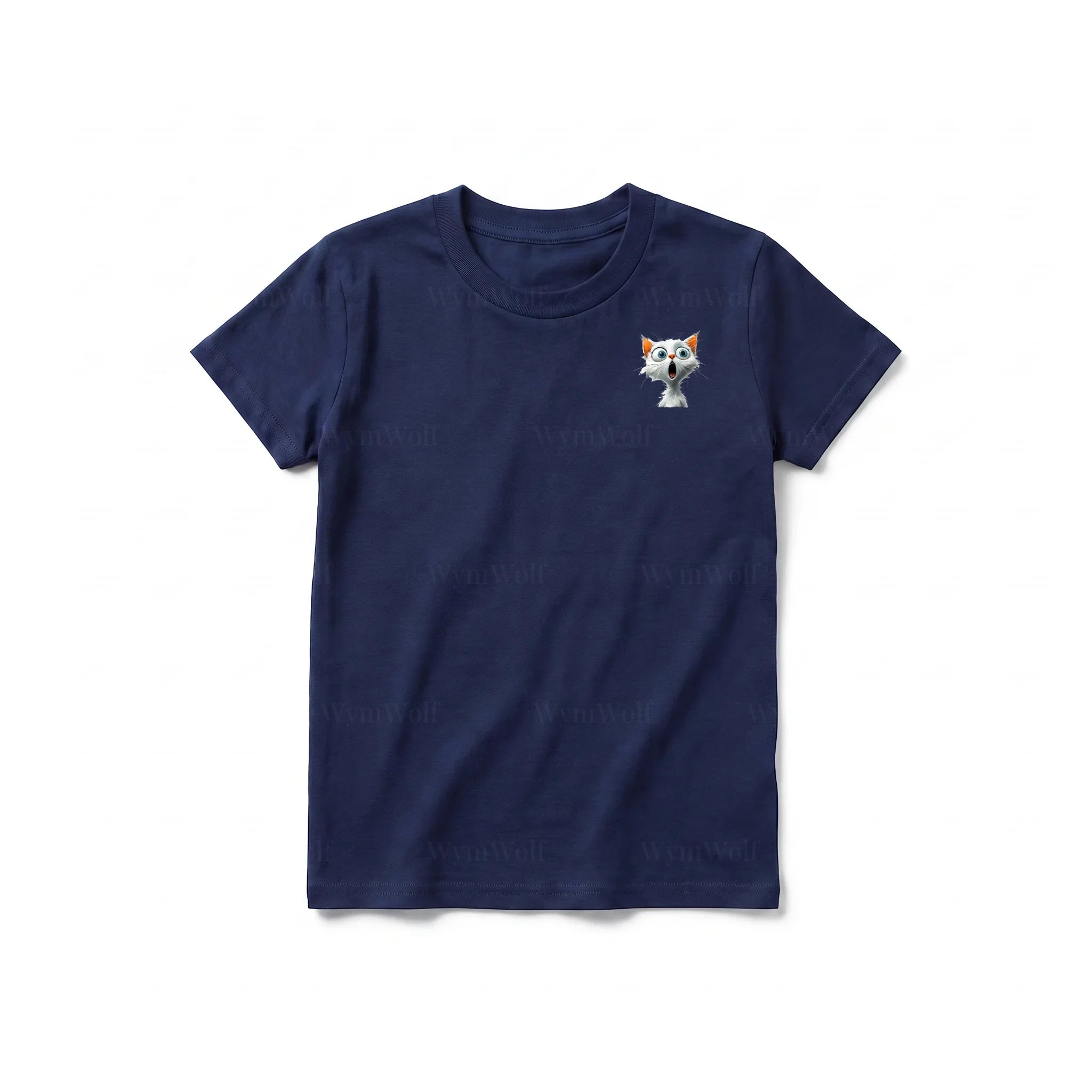 A navy short-sleeve crewneck t-shirt for youth featuring a graphic of a cat on the left chest.