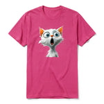A raspberry short-sleeve crewneck t-shirt for adult featuring a graphic of a cat on the front.