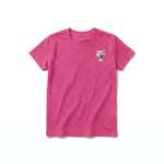 A raspberry short-sleeve crewneck t-shirt for youth featuring a graphic of a cat on the left chest.