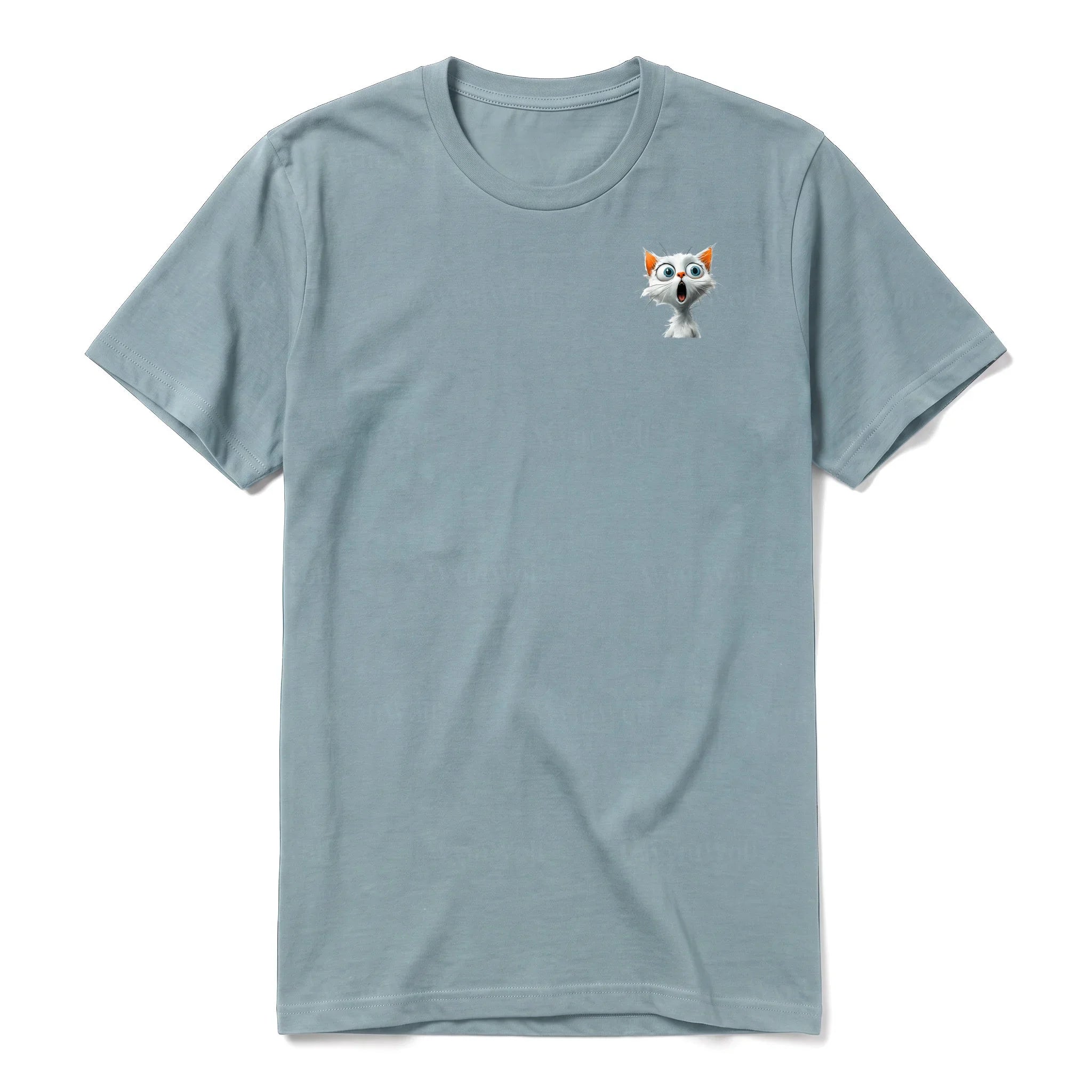 A sage short-sleeve crewneck t-shirt for adult featuring a graphic of a cat on the left chest.