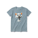 A sage short-sleeve crewneck t-shirt for youth featuring a graphic of a cat on the front.