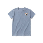 A steel-blue short-sleeve crewneck t-shirt for youth featuring a graphic of a cat on the left chest.