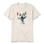 A vintage-white short-sleeve crewneck t-shirt for adult featuring a graphic of a cat on the front.