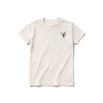 A vintage-white short-sleeve crewneck t-shirt for youth featuring a graphic of a cat on the left chest.