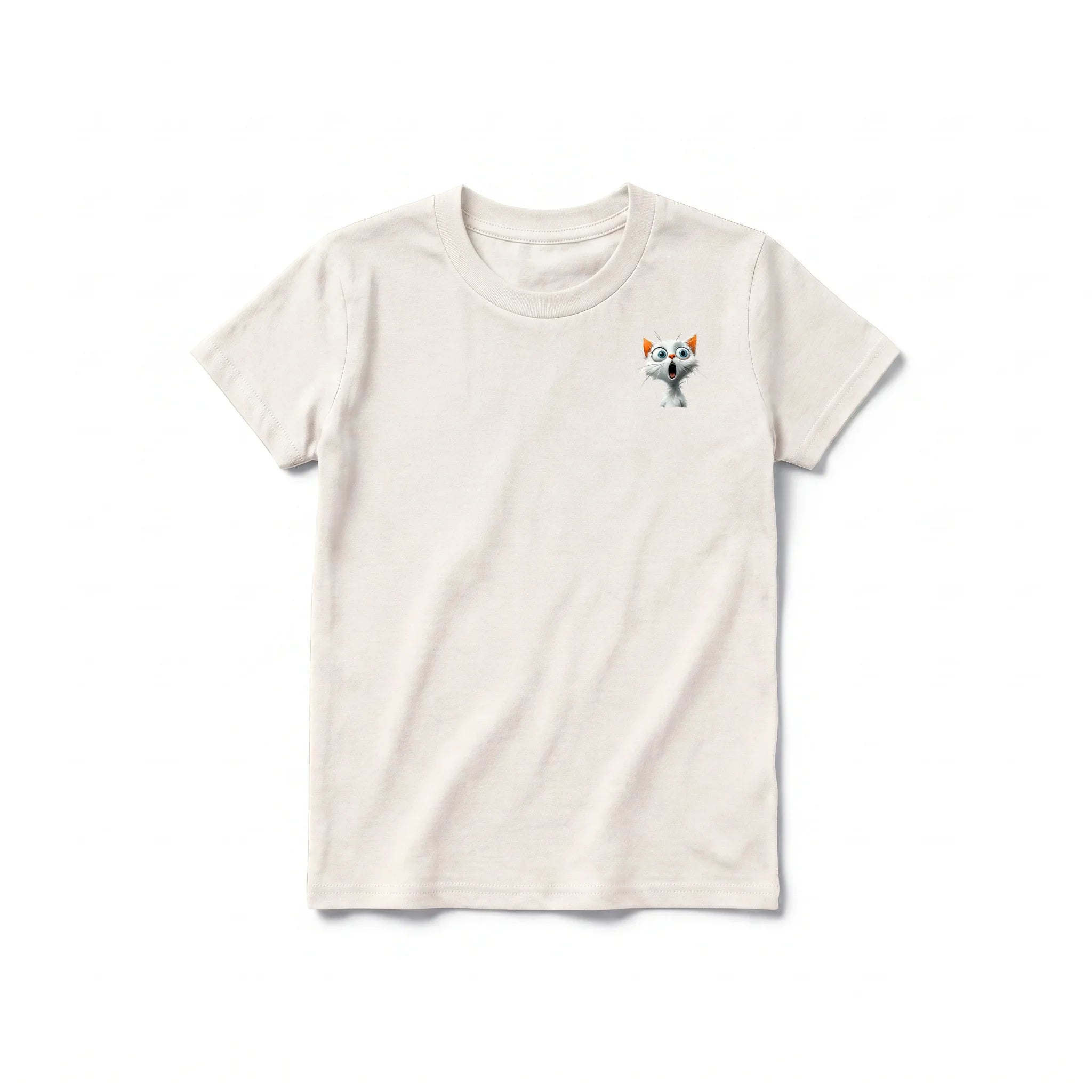 A vintage-white short-sleeve crewneck t-shirt for youth featuring a graphic of a cat on the left chest.