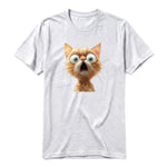A ash grey short-sleeve crewneck t-shirt for adult featuring a graphic of a cat on the front.