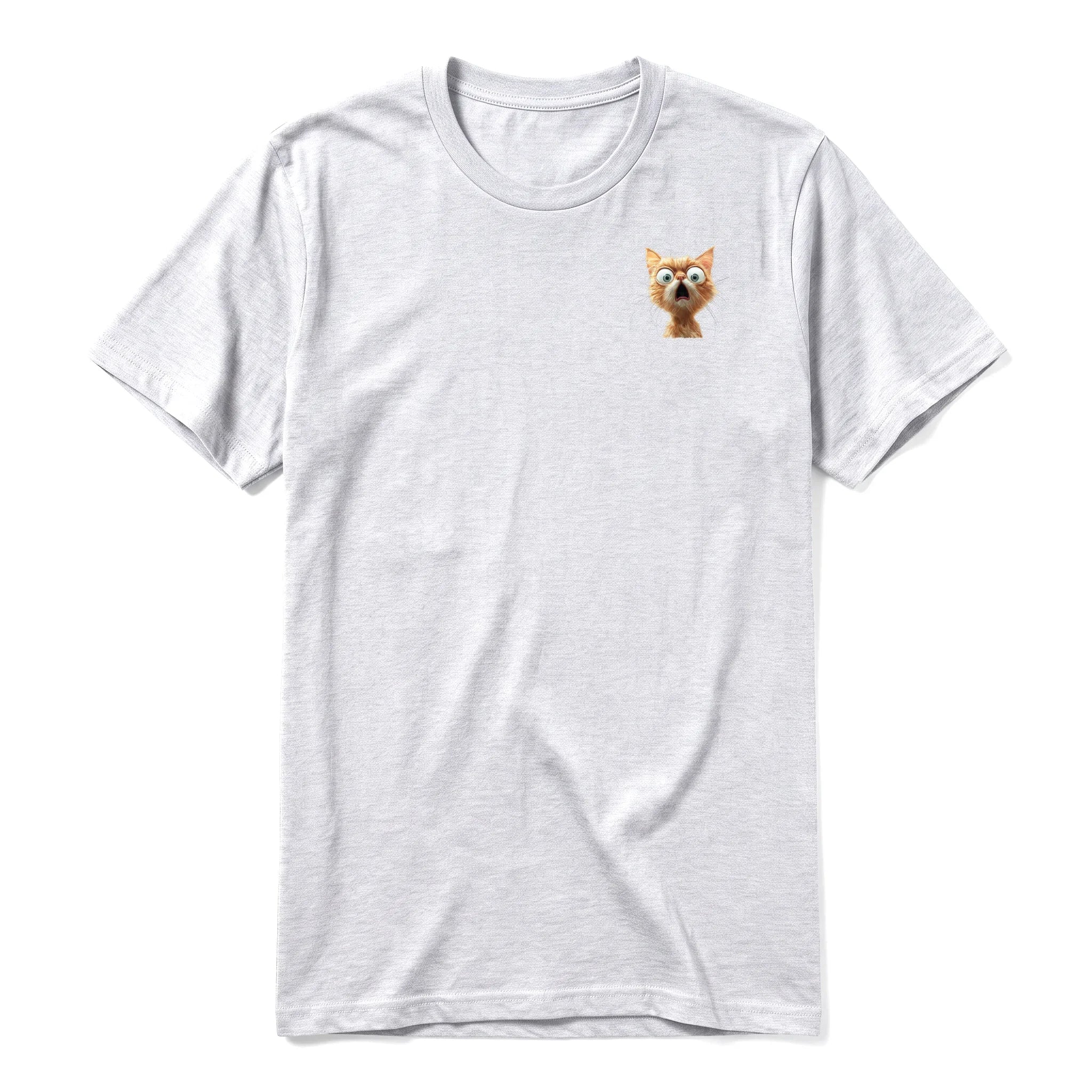 A ash grey short-sleeve crewneck t-shirt for adult featuring a graphic of a cat on the left chest.