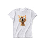 A ash grey short-sleeve crewneck t-shirt for youth featuring a graphic of a cat on the front.