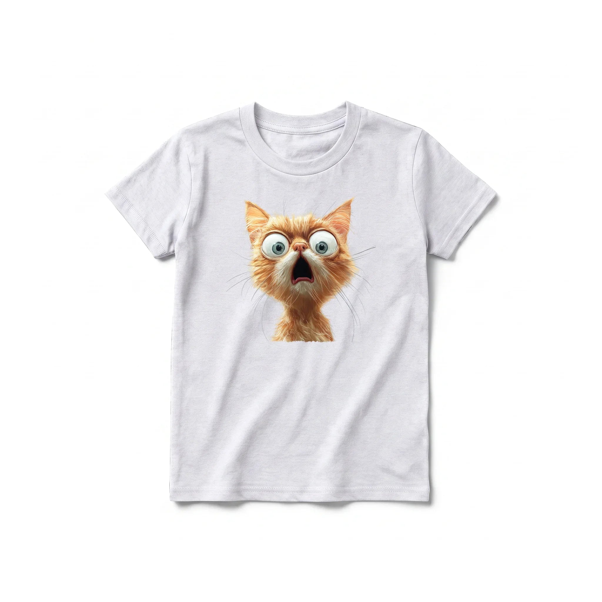 A ash grey short-sleeve crewneck t-shirt for youth featuring a graphic of a cat on the front.