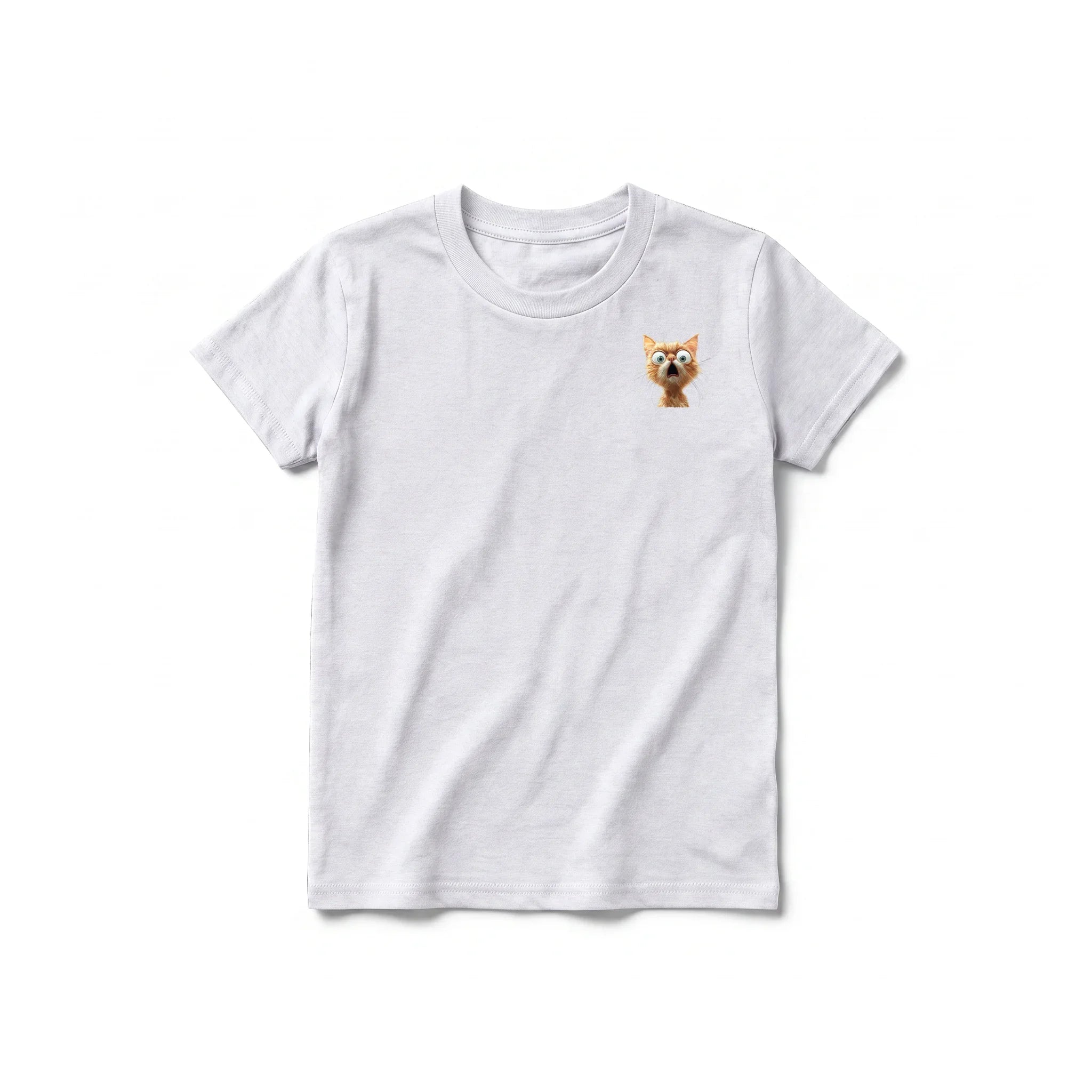 A ash grey short-sleeve crewneck t-shirt for youth featuring a graphic of a cat on the left chest.