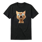 A black short-sleeve crewneck t-shirt for adult featuring a graphic of a cat on the front.