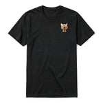 A black short-sleeve crewneck t-shirt for adult featuring a graphic of a cat on the left chest.