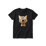 A black short-sleeve crewneck t-shirt for youth featuring a graphic of a cat on the front.