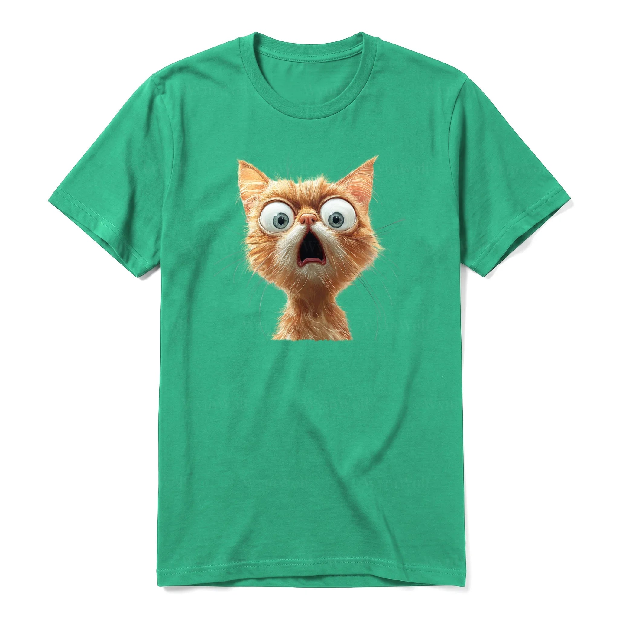 Un T-shirt kelly à manches courtes et col rond, orné d'un motif représentant un chat sur le devant.