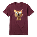 A maroon short-sleeve crewneck t-shirt for adult featuring a graphic of a cat on the front.