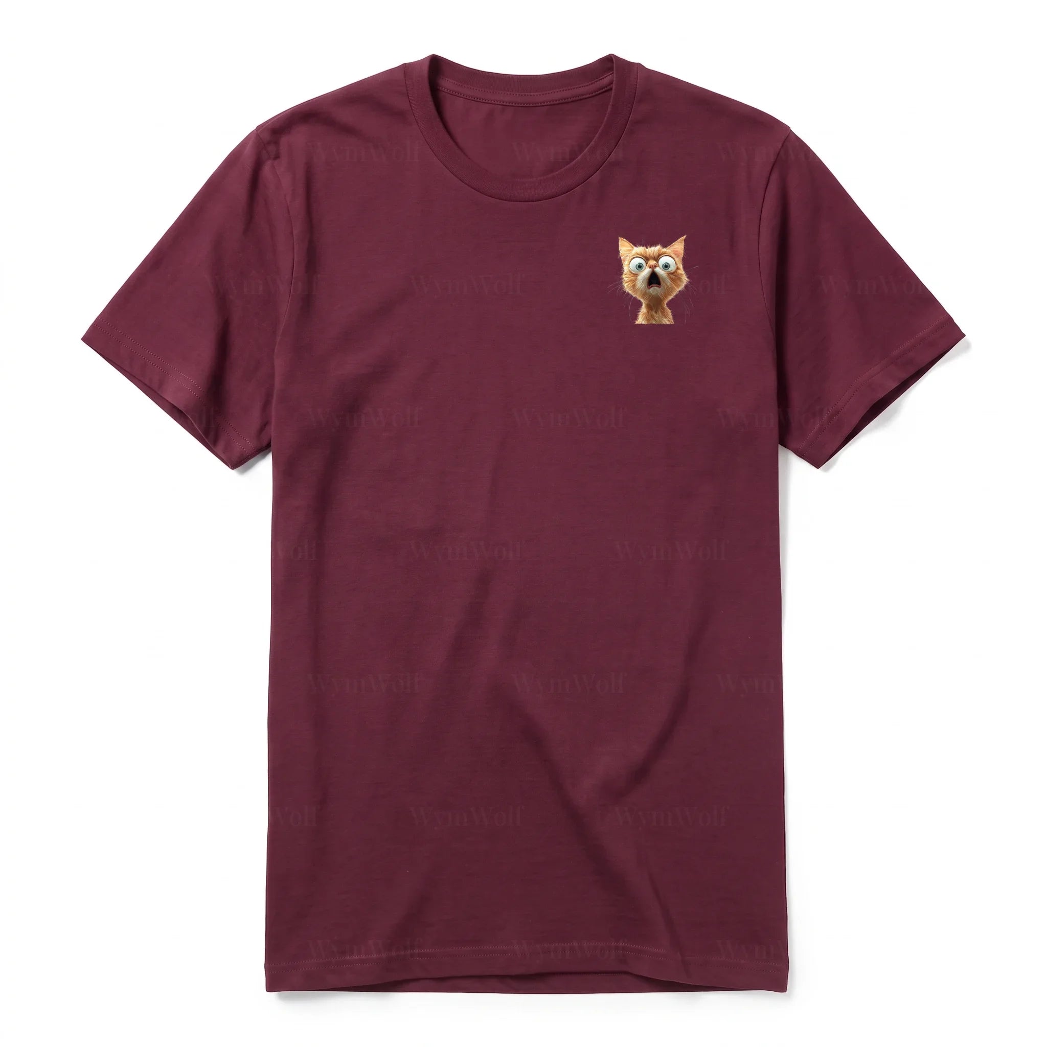 A maroon short-sleeve crewneck t-shirt for adult featuring a graphic of a cat on the left chest.