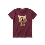 A maroon short-sleeve crewneck t-shirt for youth featuring a graphic of a cat on the front.