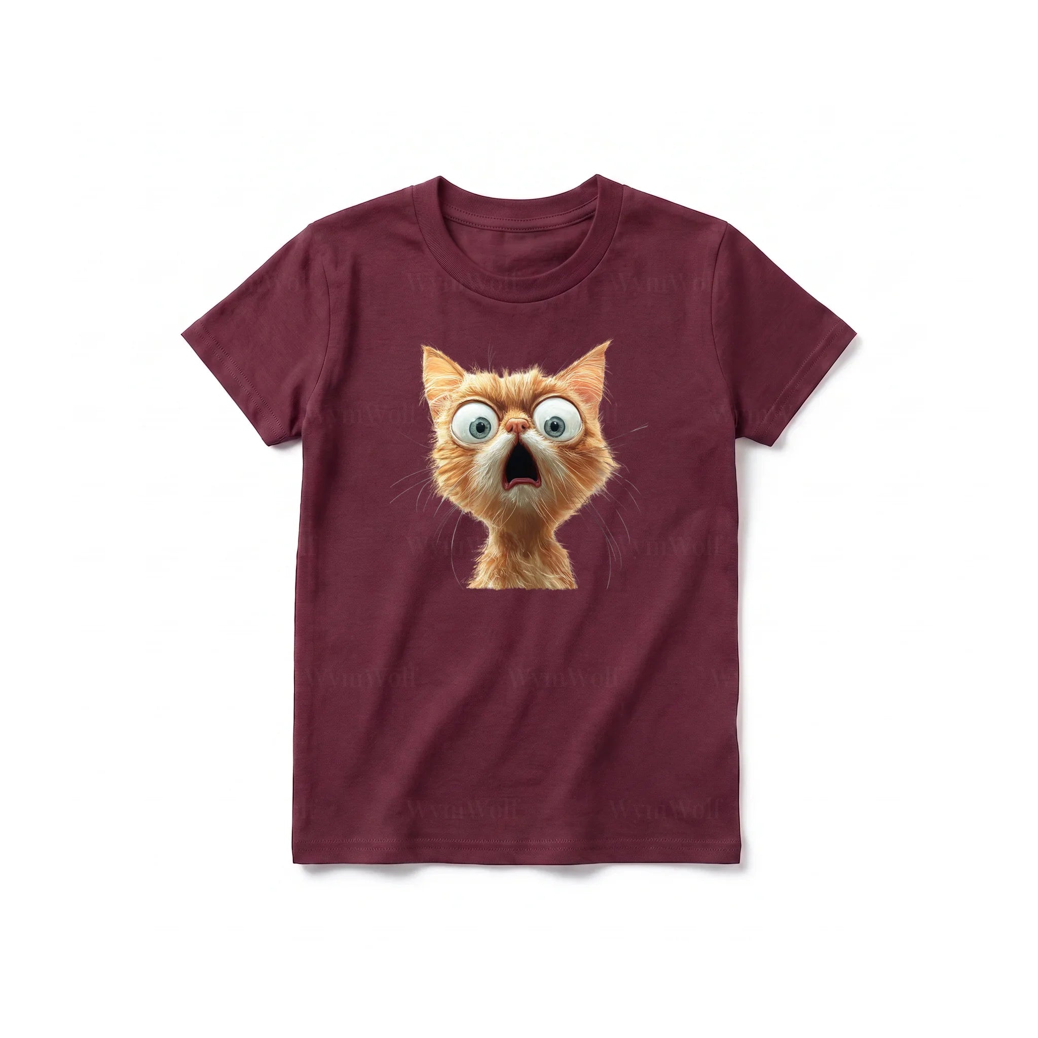 A maroon short-sleeve crewneck t-shirt for youth featuring a graphic of a cat on the front.