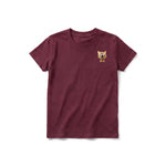 A maroon short-sleeve crewneck t-shirt for youth featuring a graphic of a cat on the left chest.