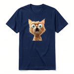 A navy short-sleeve crewneck t-shirt for adult featuring a graphic of a cat on the front.