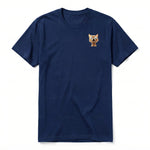 A navy short-sleeve crewneck t-shirt for adult featuring a graphic of a cat on the left chest.