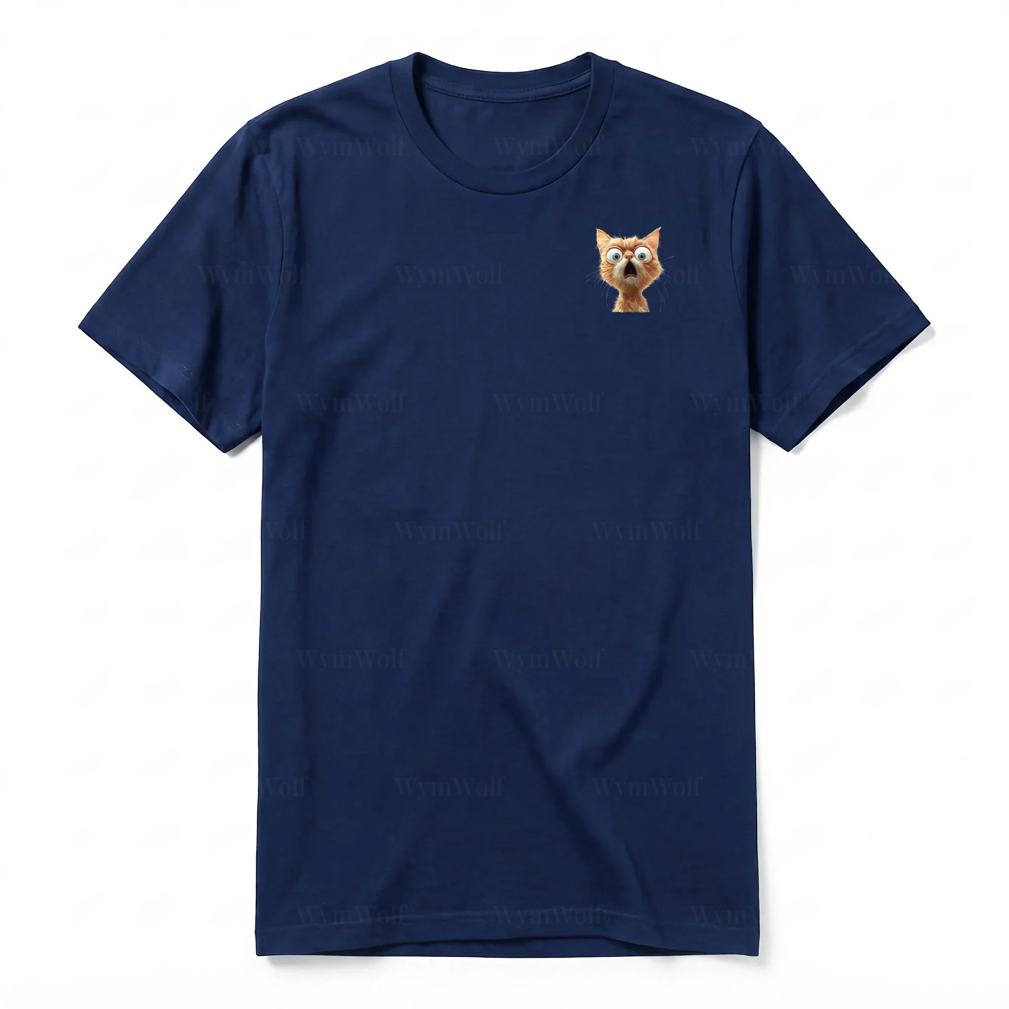 A navy short-sleeve crewneck t-shirt for adult featuring a graphic of a cat on the left chest.