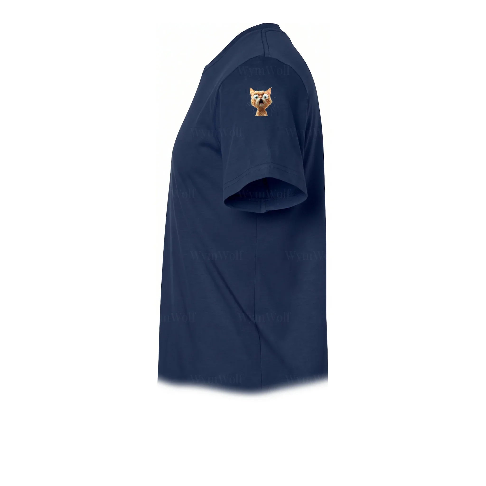 A navy short-sleeve crewneck t-shirt  featuring a small graphic of a cat on the upper left sleeve.