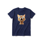 A navy short-sleeve crewneck t-shirt for youth featuring a graphic of a cat on the front.