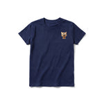 A navy short-sleeve crewneck t-shirt for youth featuring a graphic of a cat on the left chest.