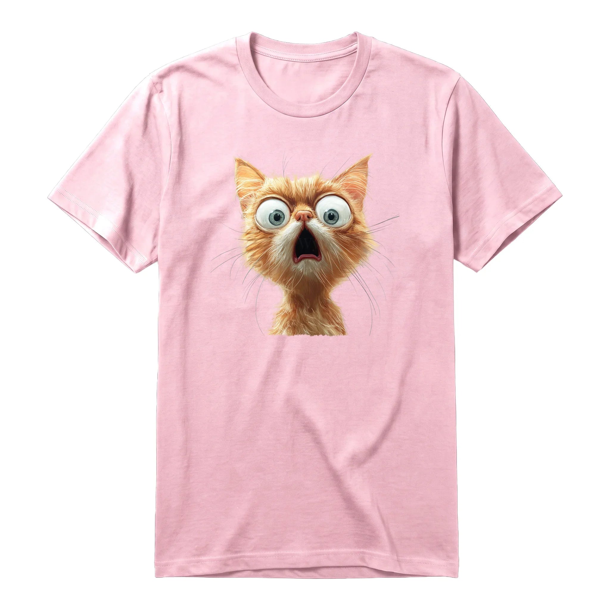 Un T-shirt rose à manches courtes et col rond, orné d'un motif représentant un chat sur le devant.