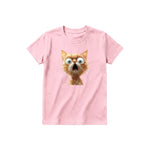 Un T-shirt rose à manches courtes et col rond pour jeune, orné d'un motif représentant un chat sur le devant.