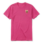 A raspberry short-sleeve crewneck t-shirt for adult featuring a graphic of a cat on the left chest.