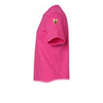 A raspberry short-sleeve crewneck t-shirt  featuring a small graphic of a cat on the upper left sleeve.