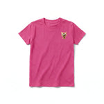 A raspberry short-sleeve crewneck t-shirt for youth featuring a graphic of a cat on the left chest.