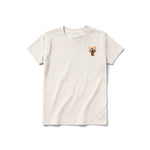 A vintage-white short-sleeve crewneck t-shirt for youth featuring a graphic of a cat on the left chest.