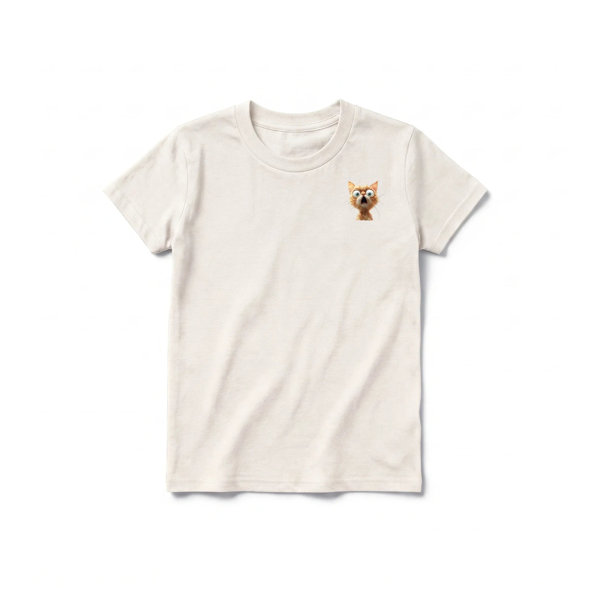 A vintage-white short-sleeve crewneck t-shirt for youth featuring a graphic of a cat on the left chest.