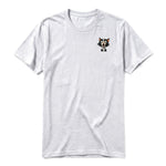A ash grey short-sleeve crewneck t-shirt for adult featuring a graphic of a cat on the left chest.